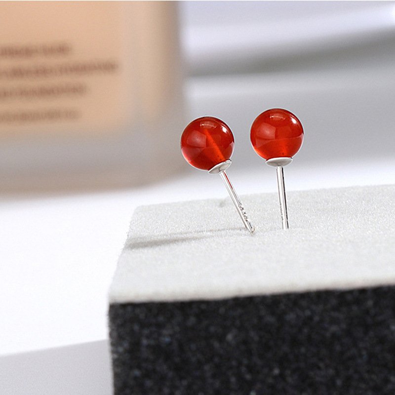 925 sterling silver round earrings red agate round ball silver needle female simple earrings round bead earrings