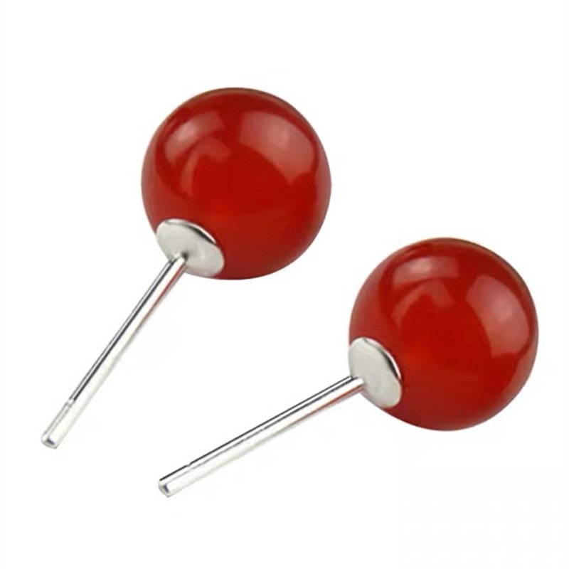 925 sterling silver round earrings red agate round ball silver needle female simple earrings round bead earrings