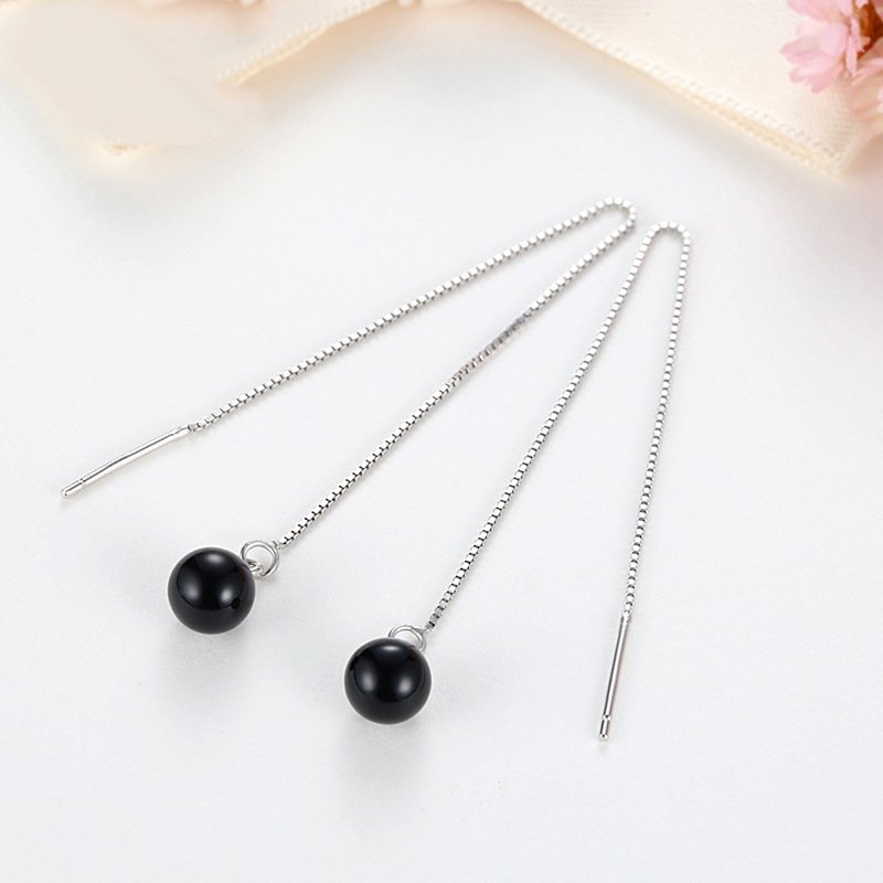 Simple and sweet ear line black agate ear chain long earrings temperament tassel earrings ear jewelry