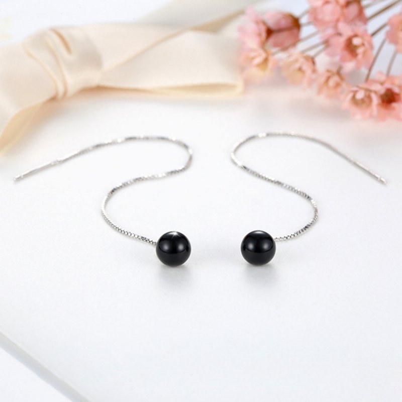 Simple and sweet ear line black agate ear chain long earrings temperament tassel earrings ear jewelry