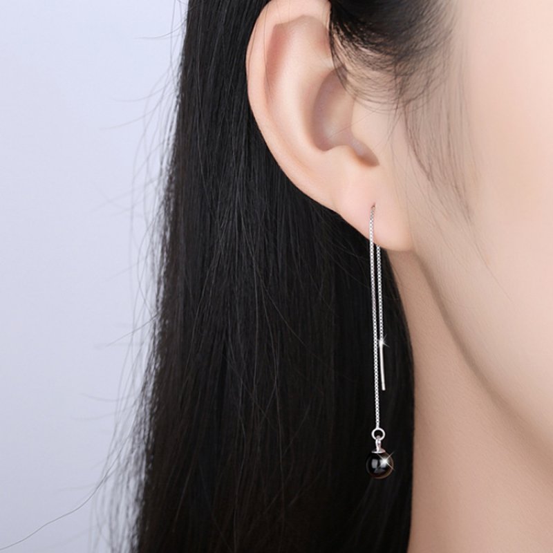 Simple and sweet ear line black agate ear chain long earrings temperament tassel earrings ear jewelry