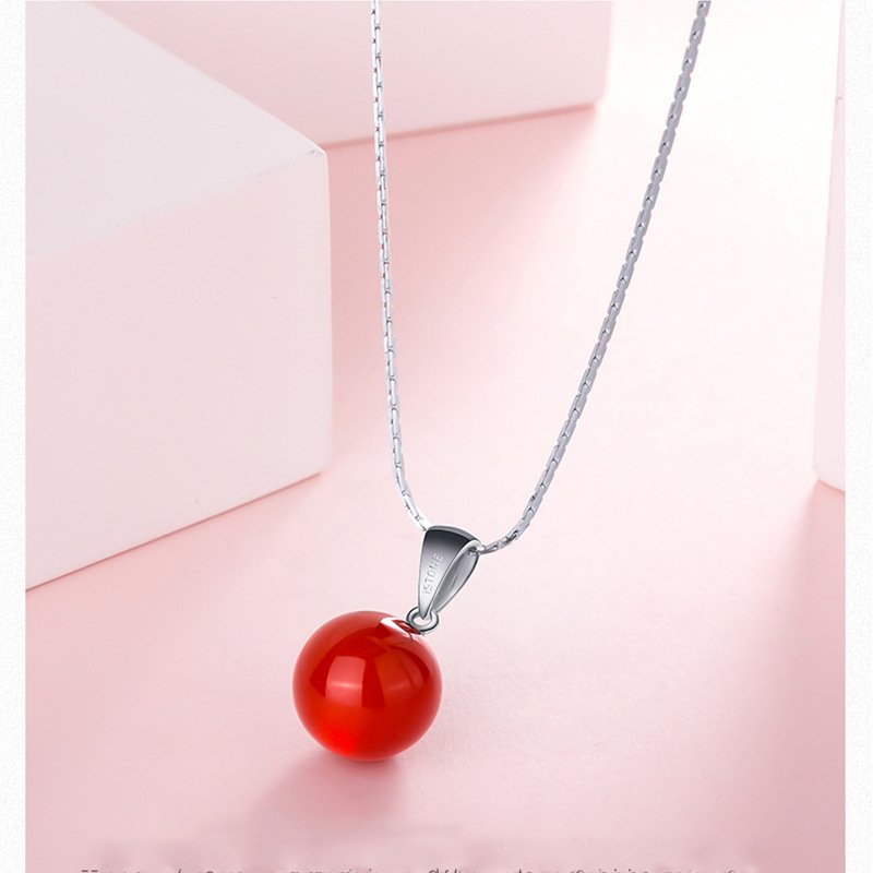 Red agate female temperament round pendant 925 silver female single bead pendant gift